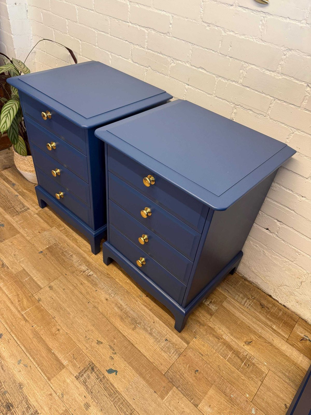 photo furniture Stag Minstrel Bedside Chest Of Drawers – Painted In Symphony Blue – Polished Brass Knobs