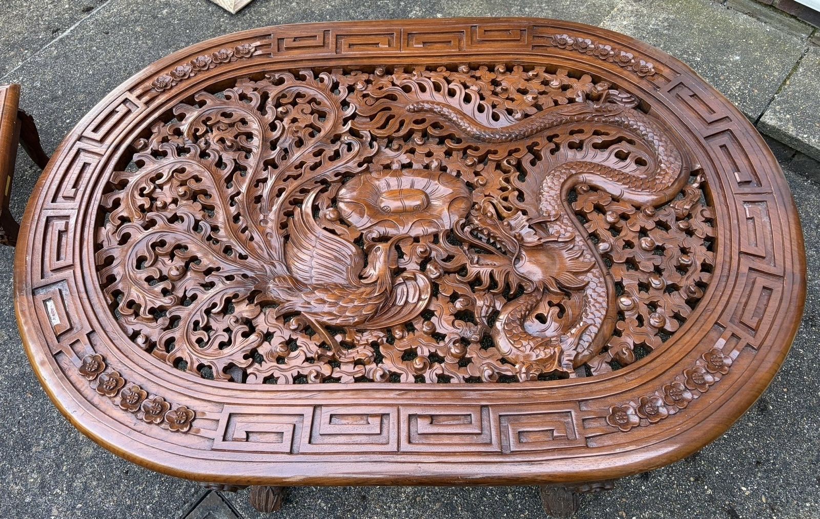 Asian Carved Wood Dragon And Phoenix Oval Coffee Table