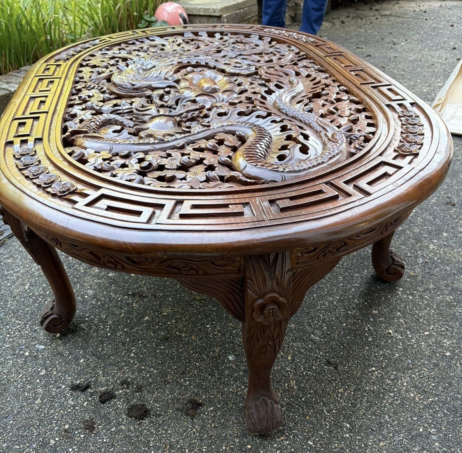 Asian Carved Wood Dragon And Phoenix Oval Coffee Table photo for sale