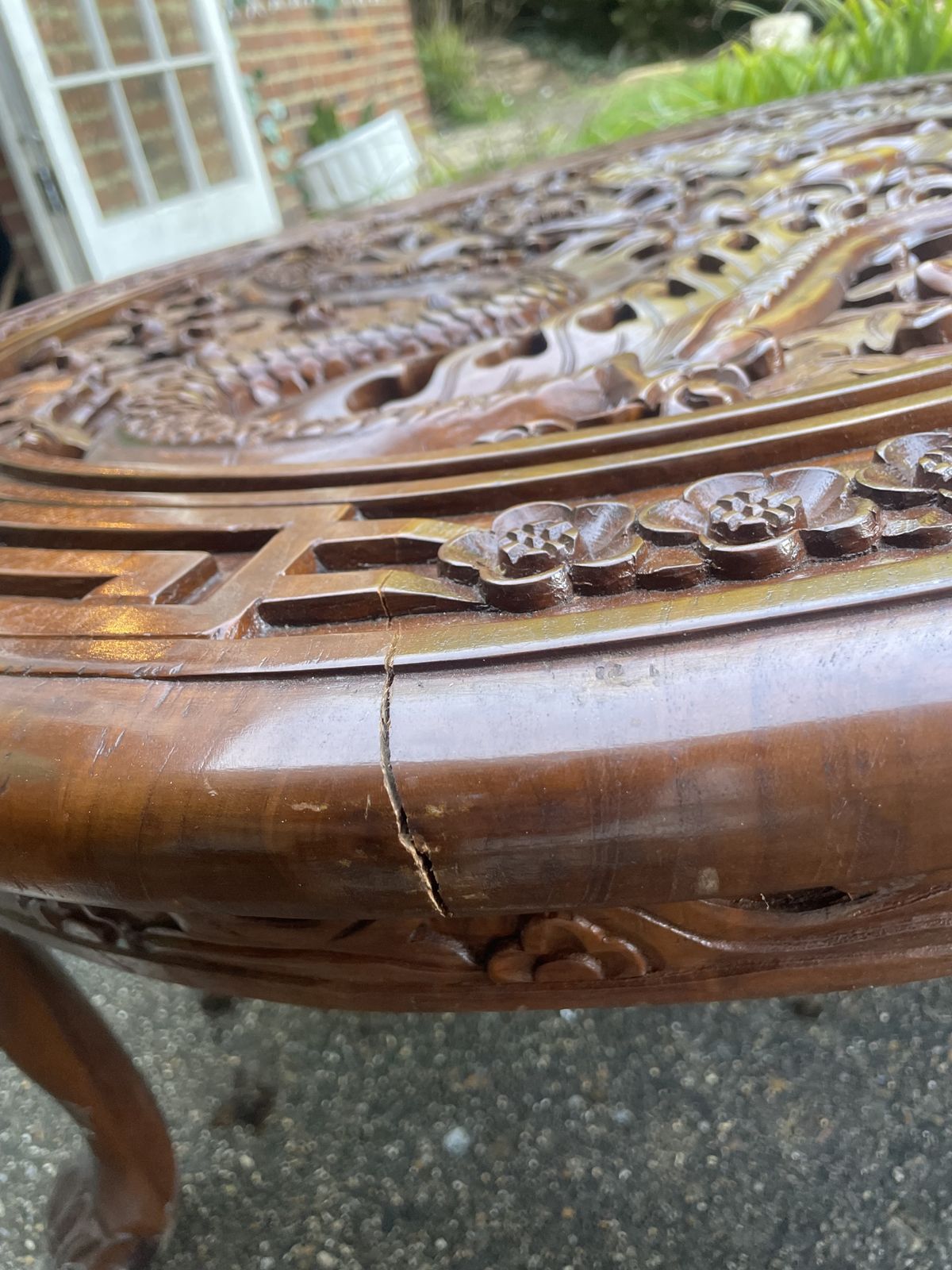 Asian Carved Wood Dragon And Phoenix Oval Coffee Table photo vinterior