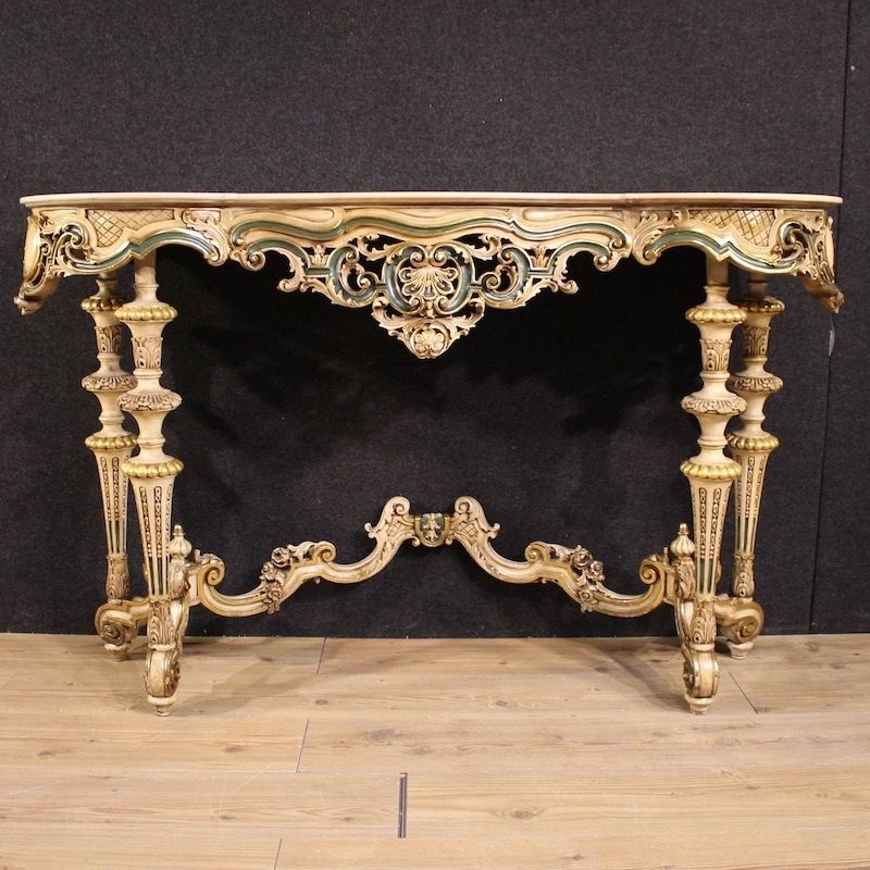 Console italienne laquée et dorée de style éclectique, XXe siècle photo furniture