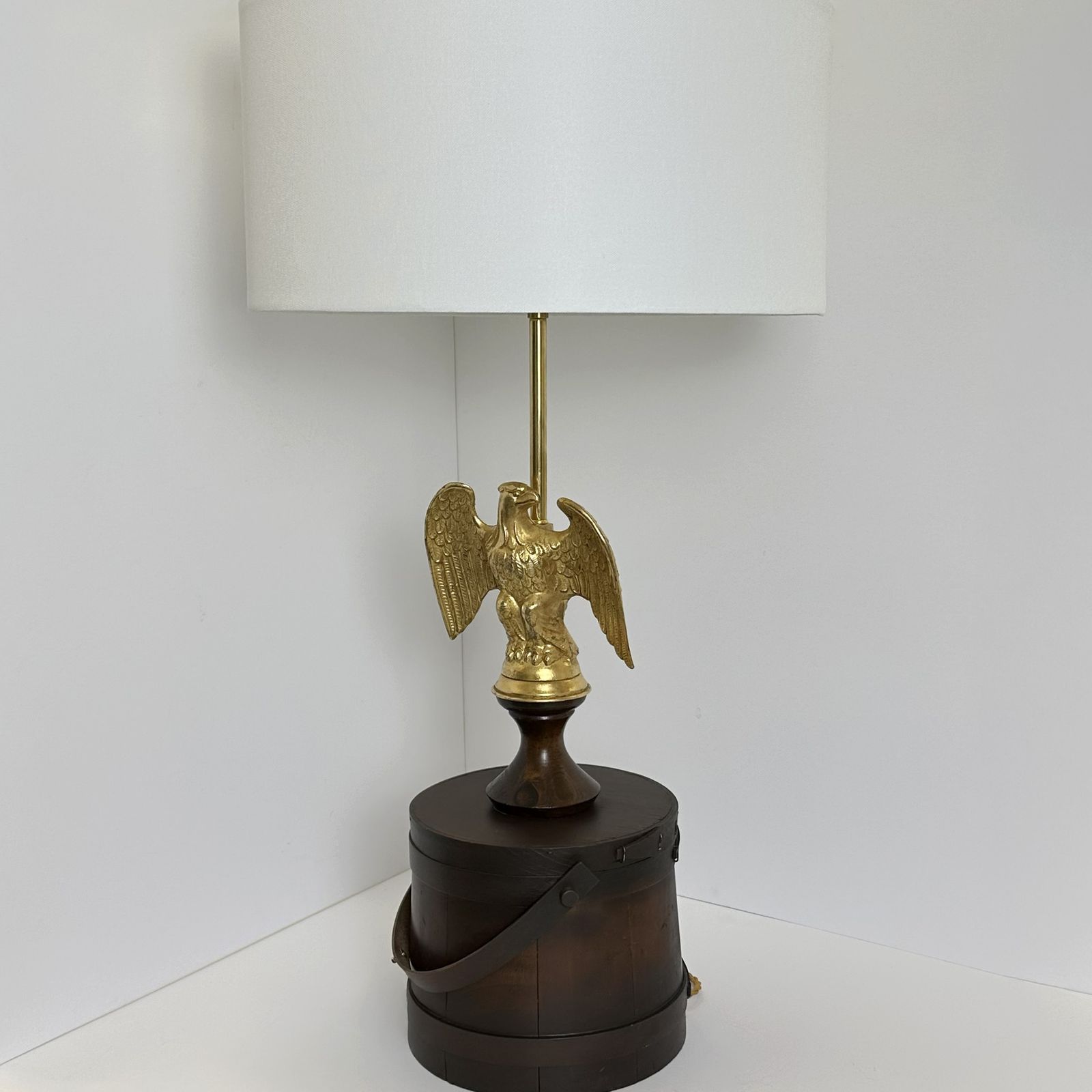 Eagle Table Lamp, Federal Style, Gilt Metal, Wooden Barrel Base, USA 1950s photo for sale