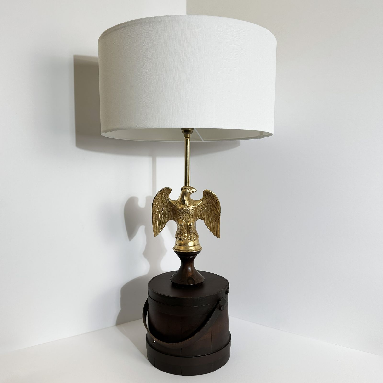 photo for sale Eagle Table Lamp, Federal Style, Gilt Metal, Wooden Barrel Base, USA 1950s