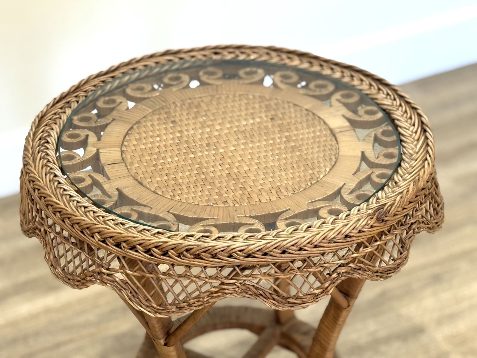photo buy Late 19th–Early 20th Century French Wicker Conservatory Set With Heart Shaped Backs And Glass Top Table