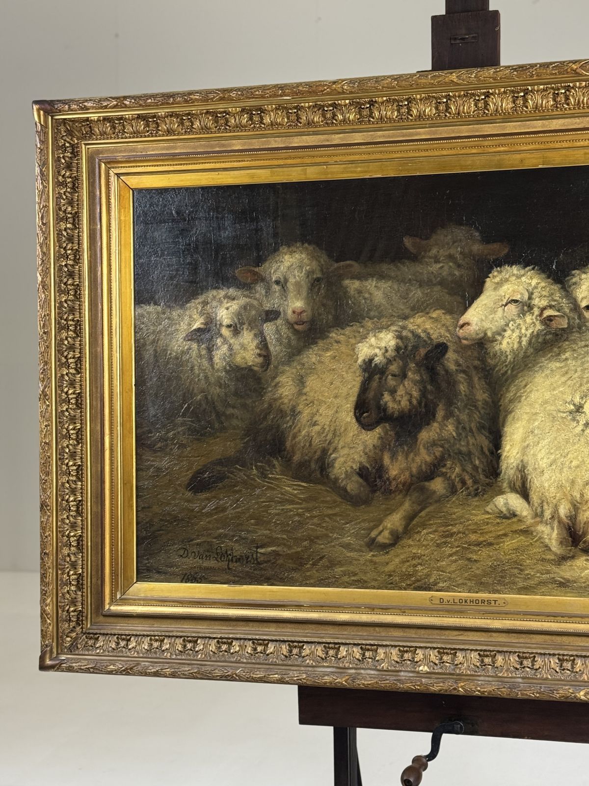 photo vintage Painting Of Sheep In The Stable By D. Van Lokhorst, 19th Century