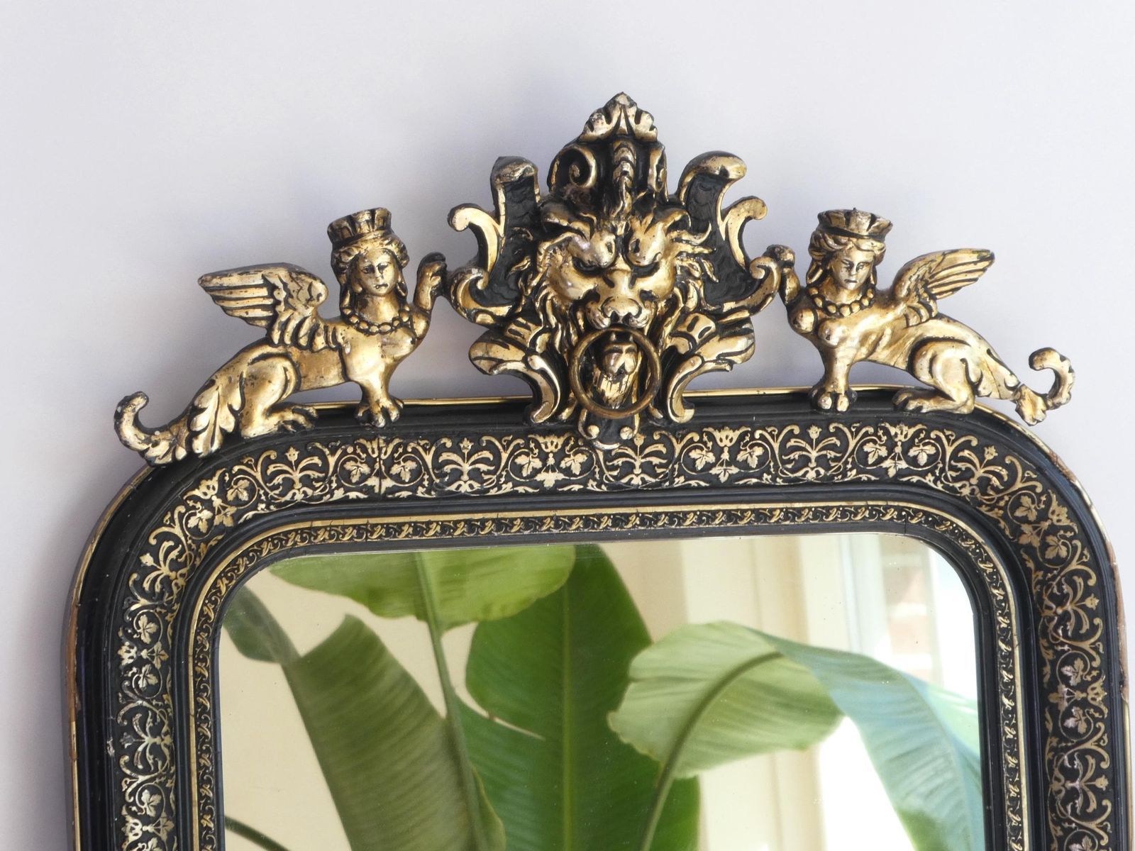 Antique French Arched Mirror, 19th Century Louis Philippe Black Gold With Ornament, Carved Wall Mirror photo furniture