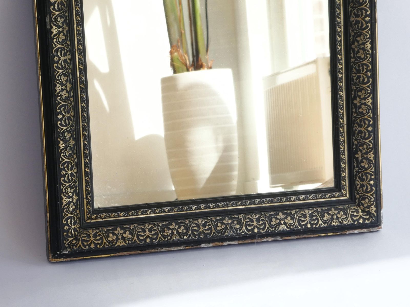 Antique French Arched Mirror, 19th Century Louis Philippe Black Gold With Ornament, Carved Wall Mirror photo for sale
