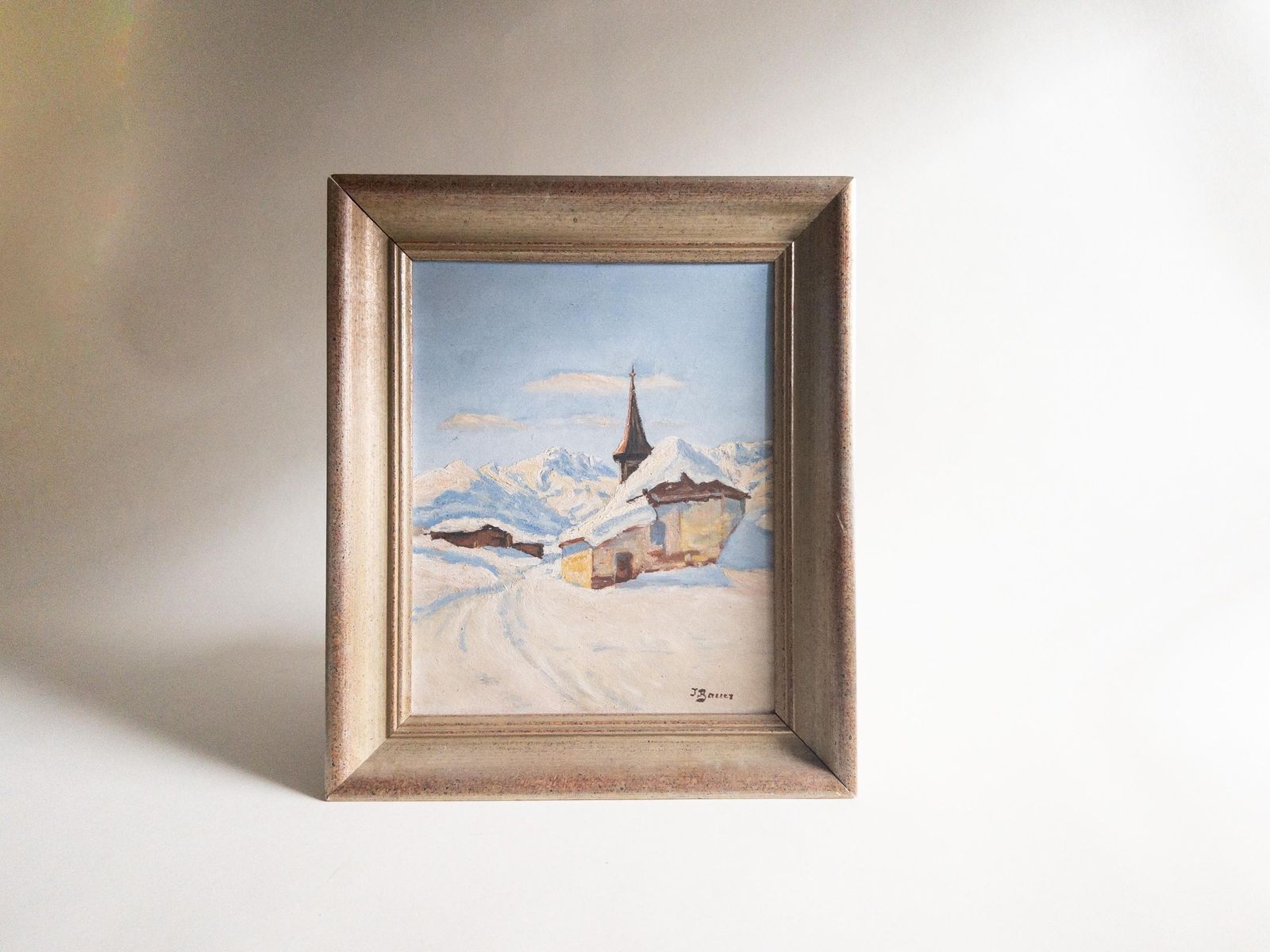 Swiss Mountain Chapel Snowy Alpine Painting By J. Bauer, Original Mid Century Artwork