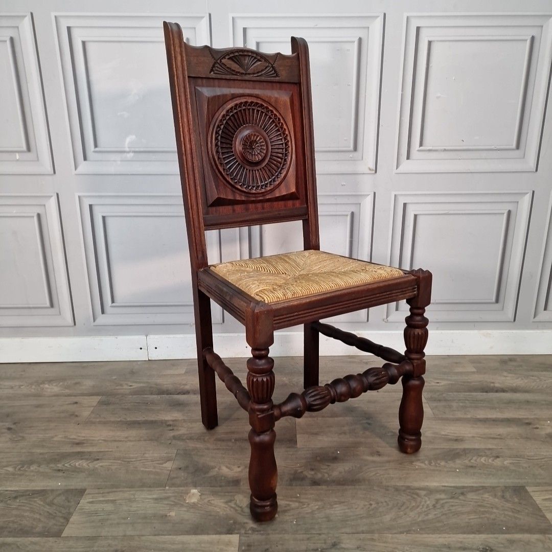 Antique Carved Wooden Chair Rush Seat Decorative Hall Neo Basque Style Walnut