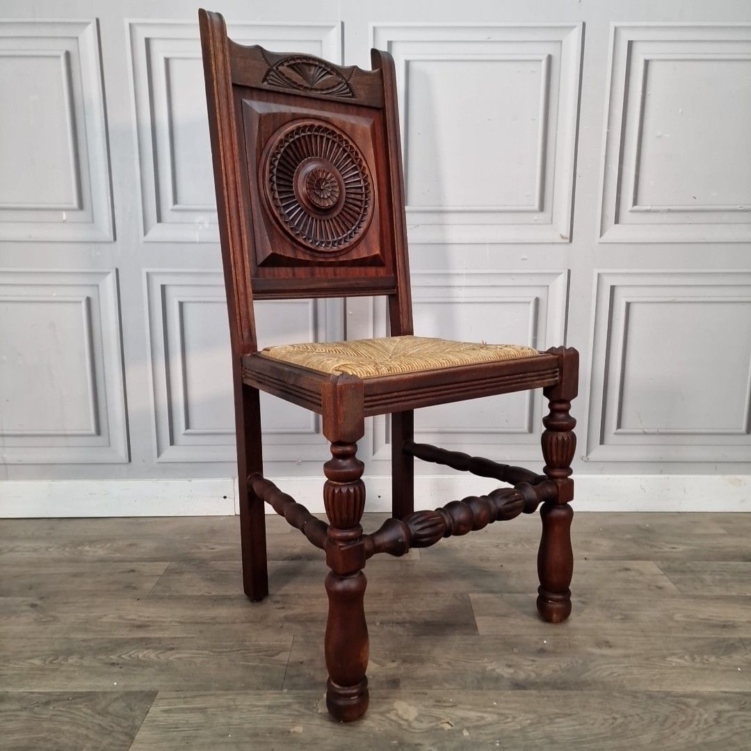 Antique Carved Wooden Chair Rush Seat Decorative Hall Neo Basque Style Walnut photo furniture