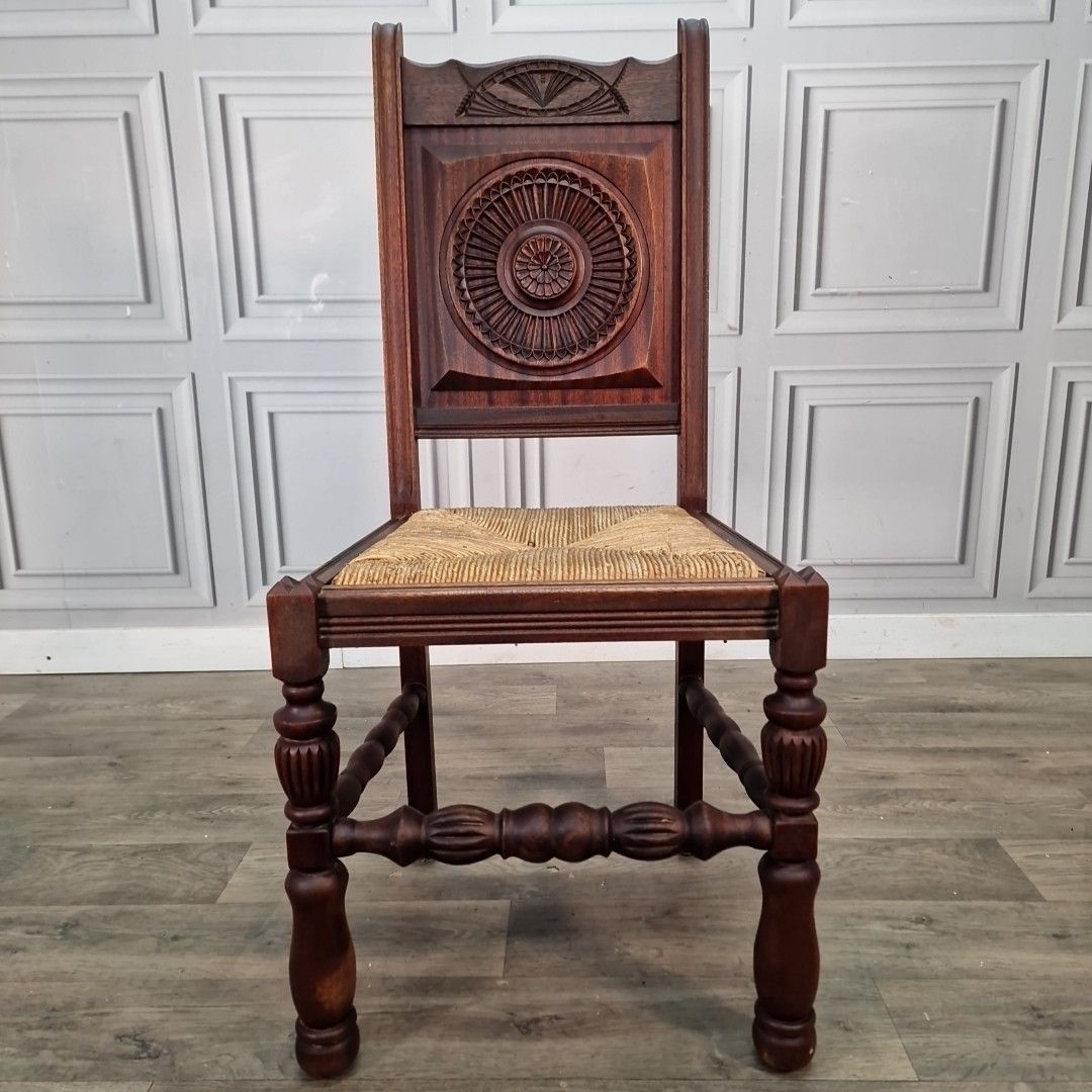 Antique Carved Wooden Chair Rush Seat Decorative Hall Neo Basque Style Walnut photo for sale