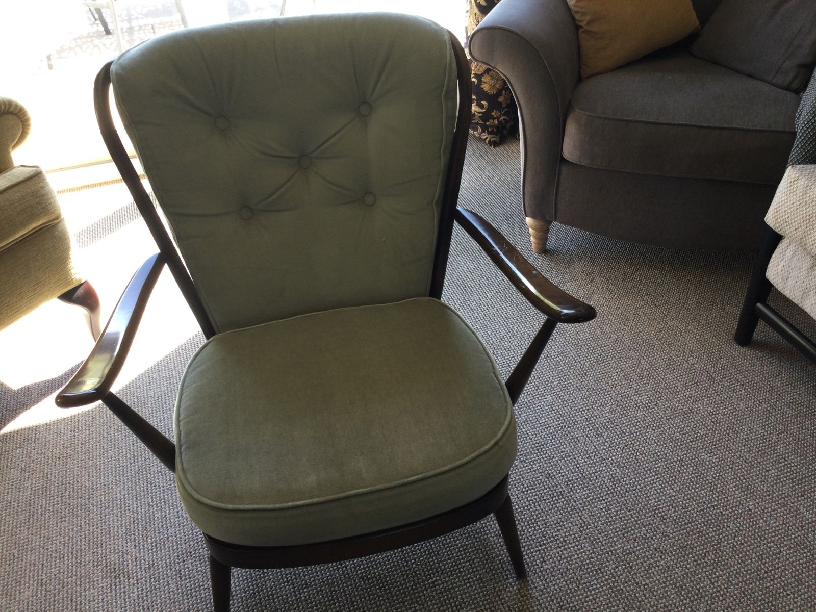 Lovely Mid Century Ercol Arm Chair In A Very En Point Light Moss Green Colour. photo buy