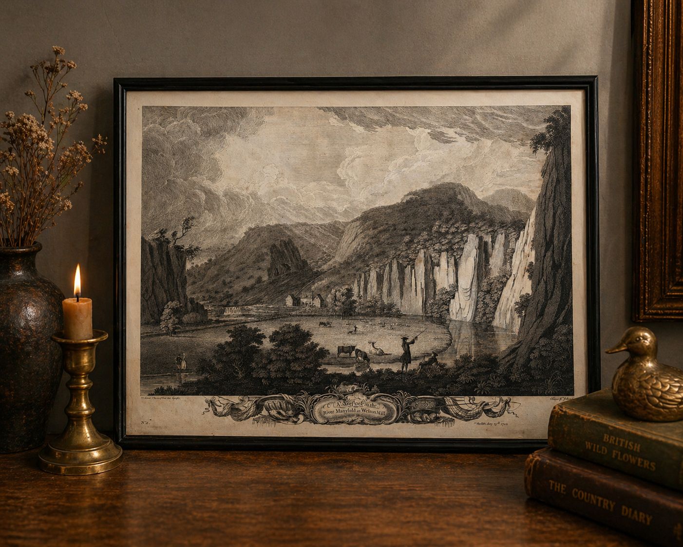 Antique 1743 Copper Plate Engraving Thomas Smith Of Derby Wetton Mill River Manifold Georgian Landscape Framed