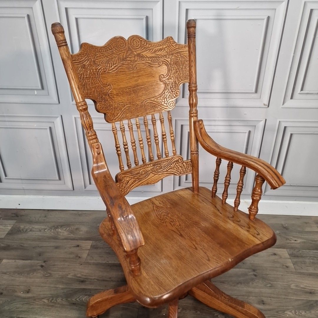 Vintage Oak Swivel Chair Wooden Desk Seat Colonial Style Office Armchair Carved photo for sale