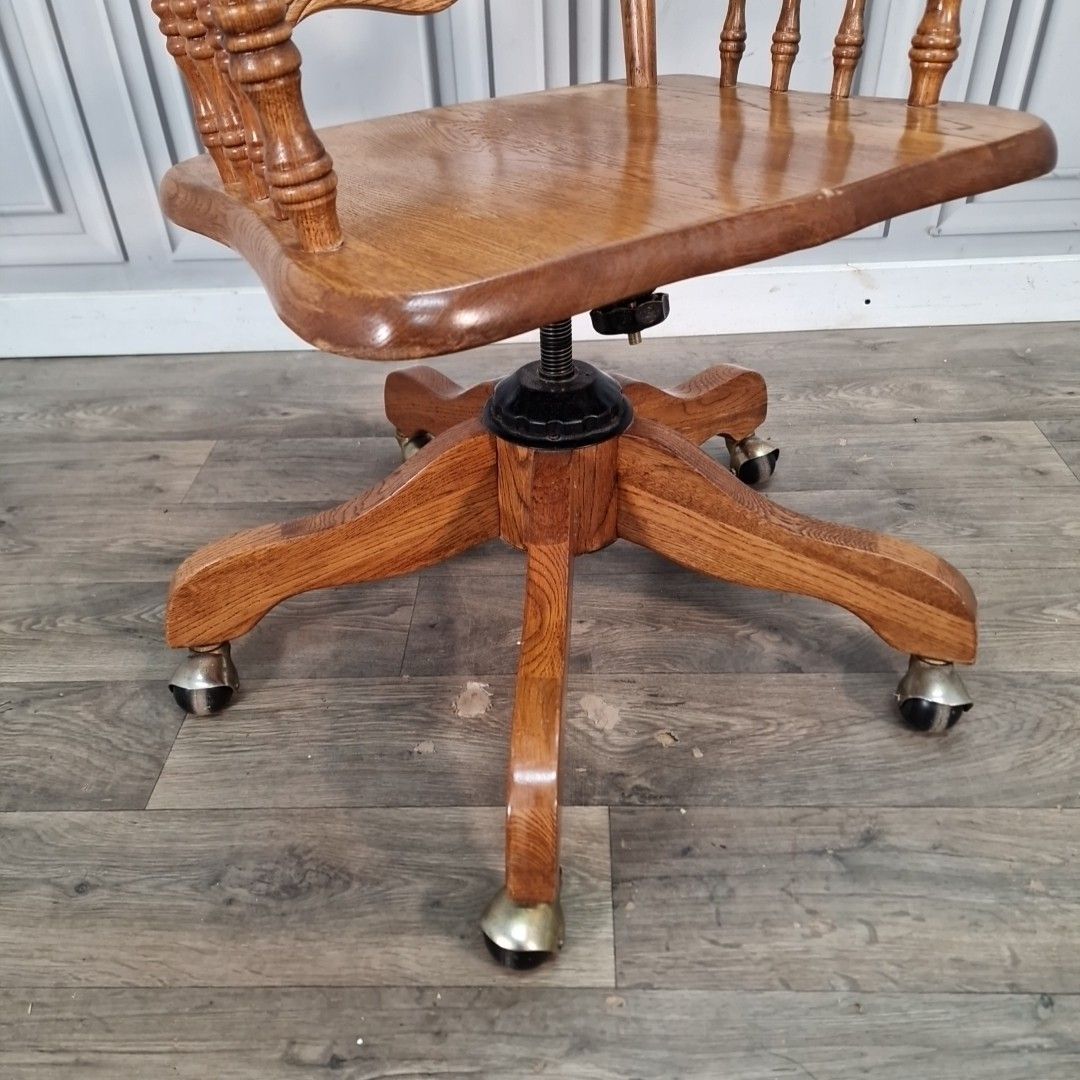 Vintage Oak Swivel Chair Wooden Desk Seat Colonial Style Office Armchair Carved photo Furniture