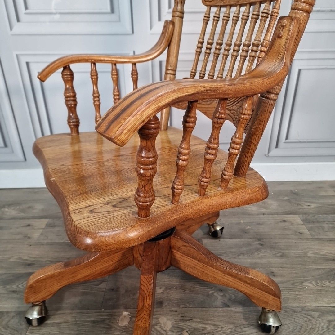 photo for sale Vintage Oak Swivel Chair Wooden Desk Seat Colonial Style Office Armchair Carved