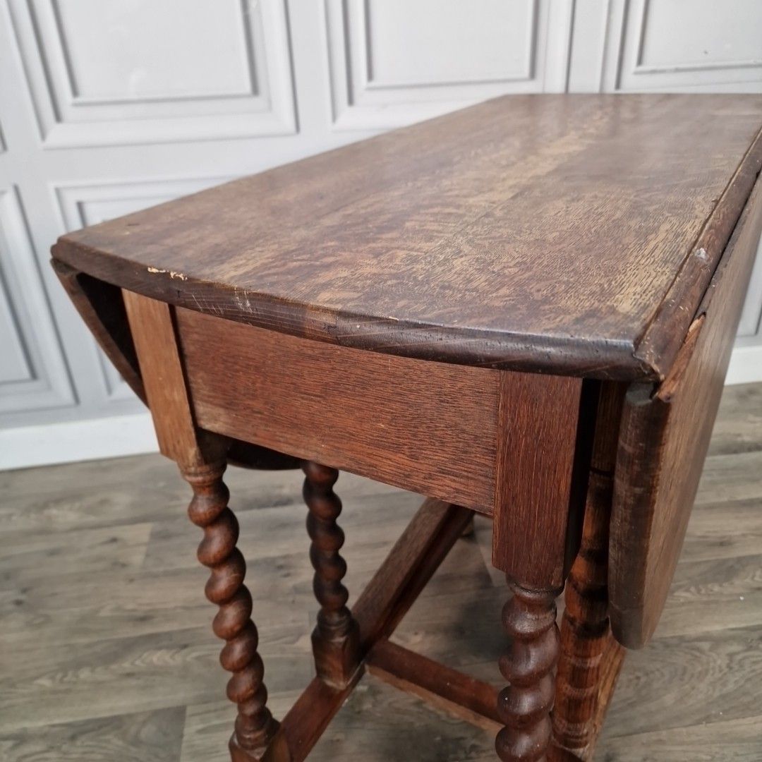 Antique Oak Gateleg Table Barley Twist Drop Leaf Dining Wooden Vintage Retro photo Furniture