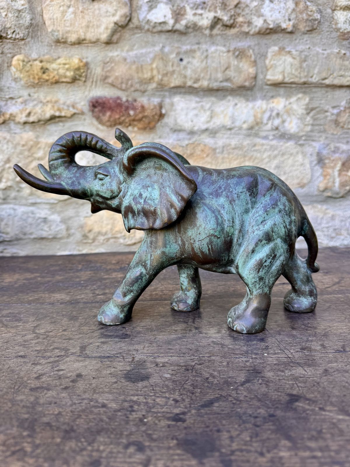photo furniture Vintage Bronze Elephant Figurine With Verdigris Patina