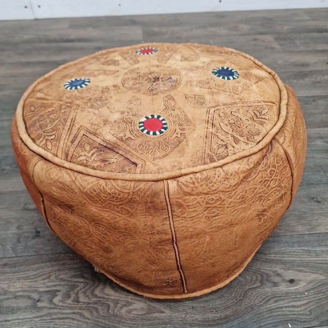 Vintage Leather Pouffe Footstool Moroccan Style Round Ottoman Camel Detailing