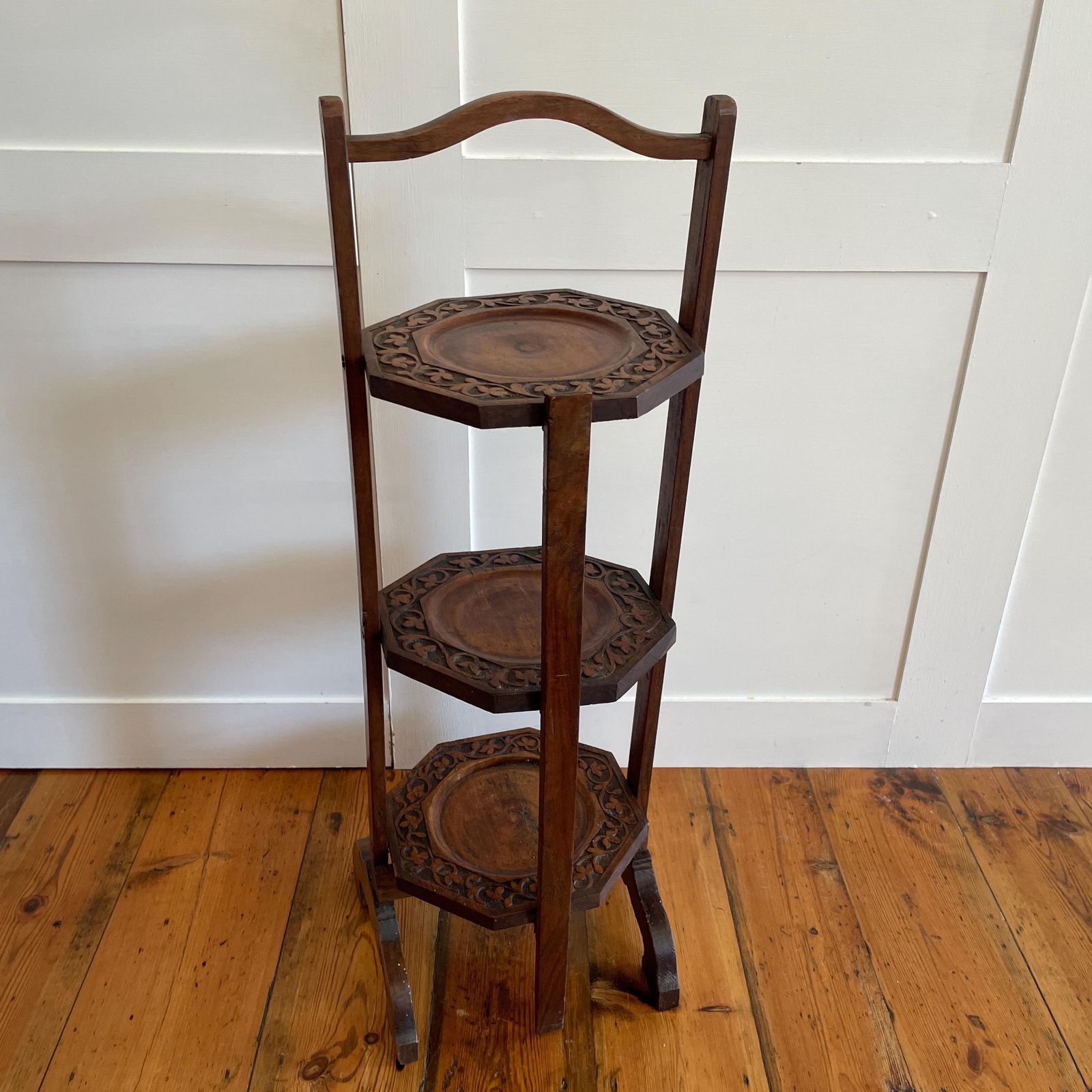 Edwardian Wooden Cake Stand 3 Tier Display Folding Kitchen Bakery Octagon Trays Hand Carved Early 1900's Tea Party Antique Muffin Stand photo buy