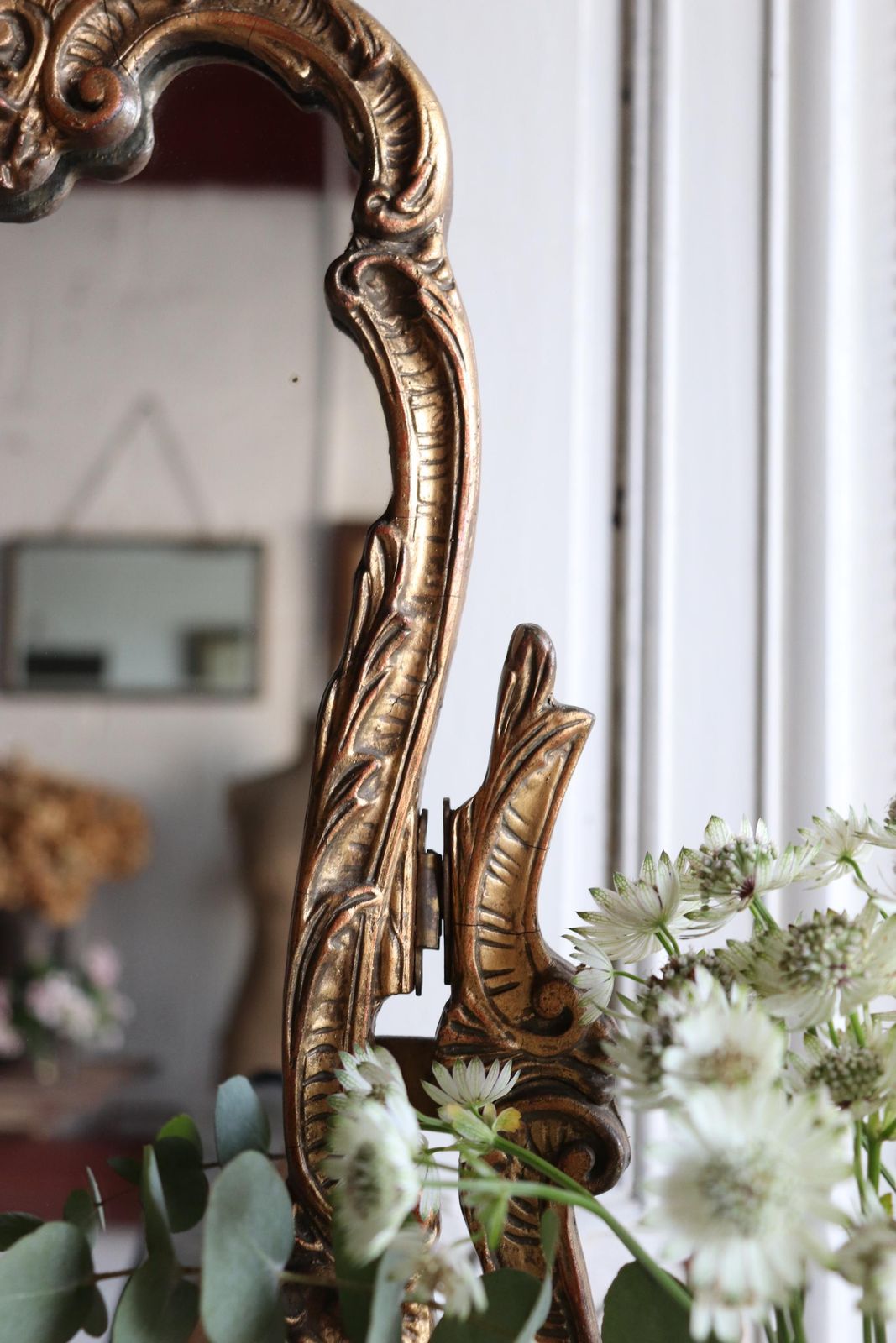 photo for sale Ornate Freestanding Vintage Gilt Cherub Crested Dressing Table Mirror.