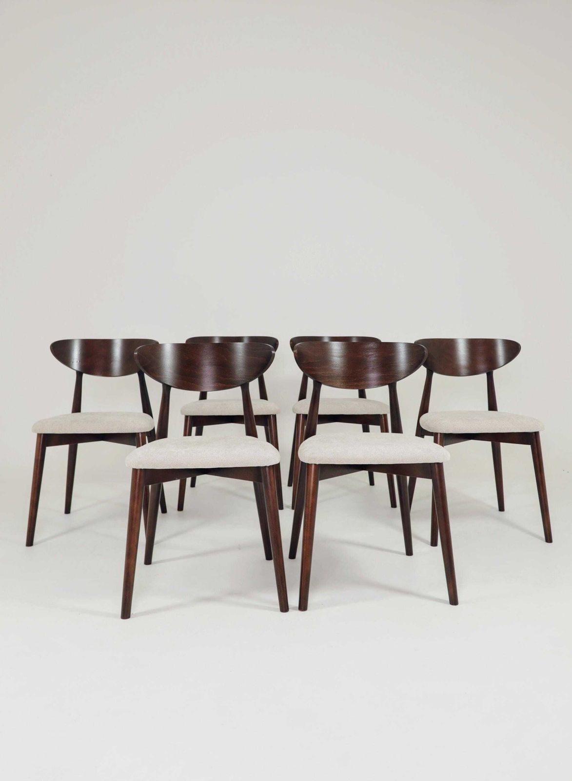 Modern Set Of 6 Dining Chairs, Ecru Farbic And Dark Walnut Beech Wood