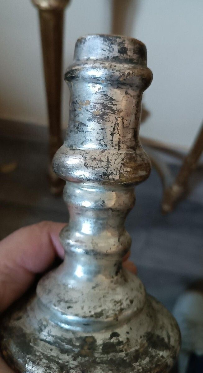 Rare Pair Of Antique Silvered Terracotta Candlesticks From The 17th Century photo 644.0