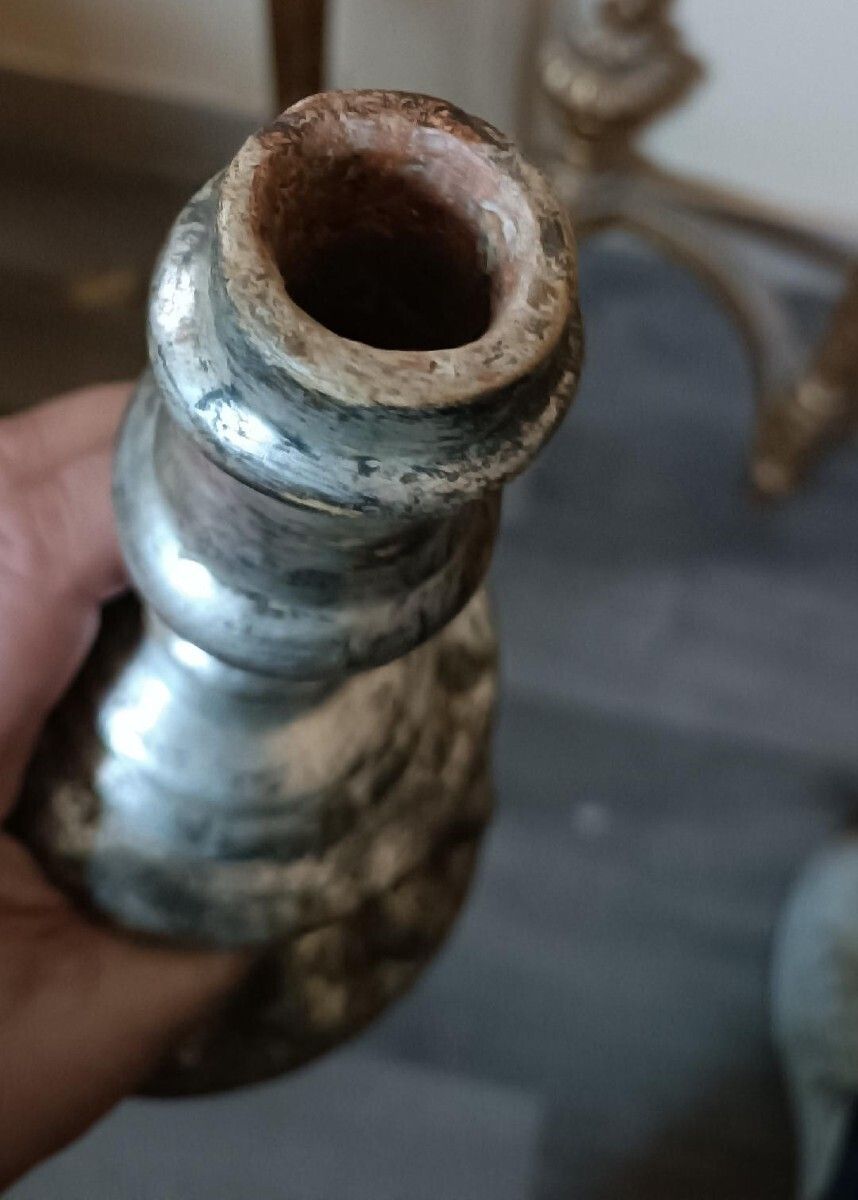 Rare Pair Of Antique Silvered Terracotta Candlesticks From The 17th Century photo vinterior