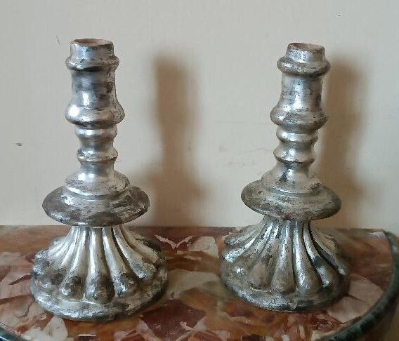 photo for sale Rare Pair Of Antique Silvered Terracotta Candlesticks From The 17th Century