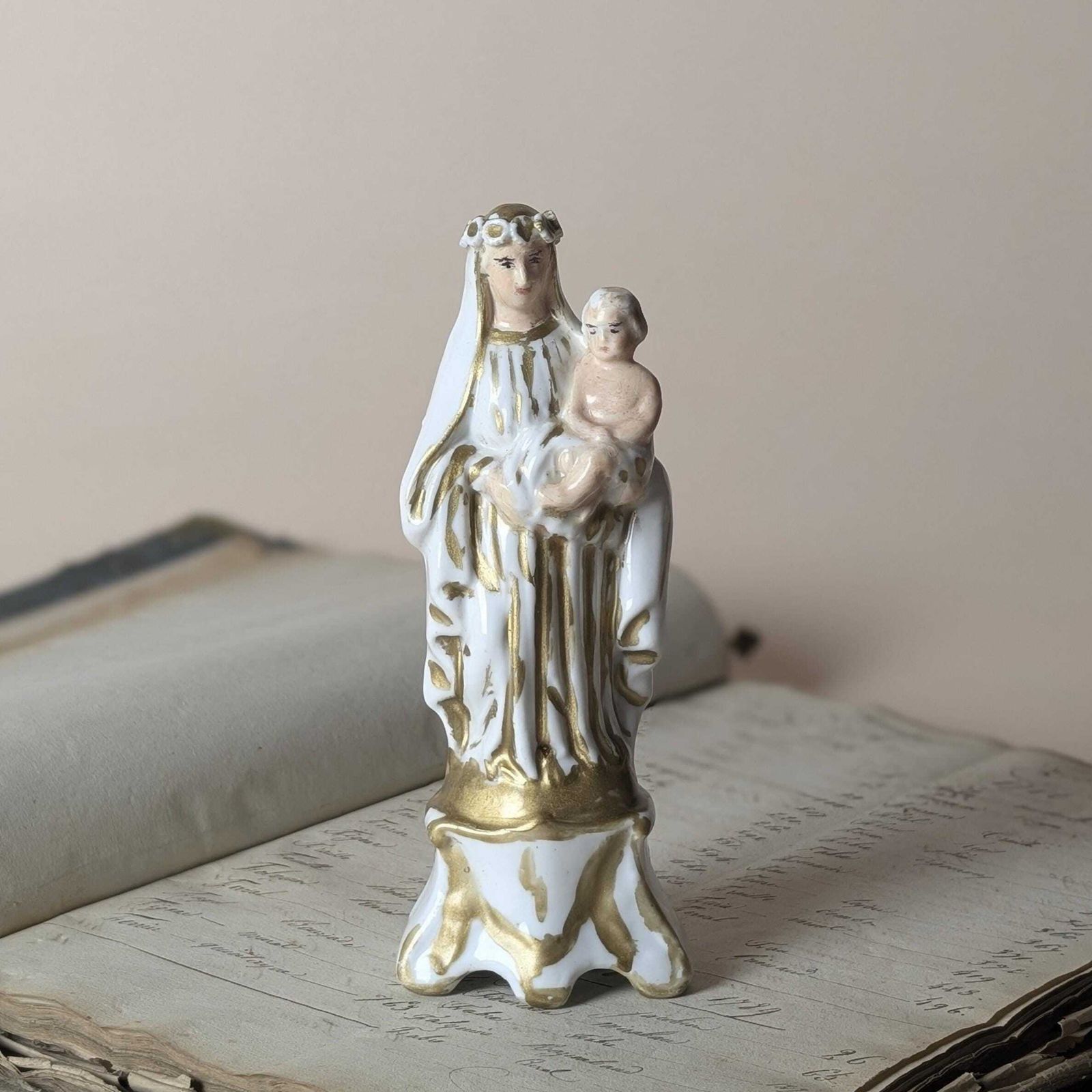 Antique Porcelain Madonna And Child Figurine, French Gilt Vieux Paris Virgin Mary Statue, Late 19th Century Catholic Altar Decor photo 75.0