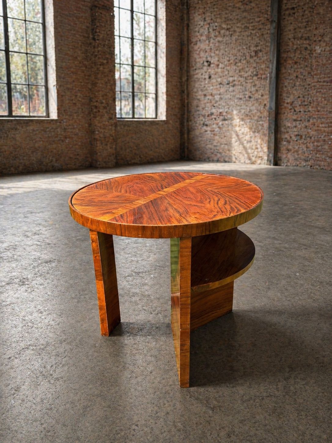 Art Deco Ronde Bijzettafel Met Plank – Vintage Houten Occasionaltafel / Nachttafel photo vinterior