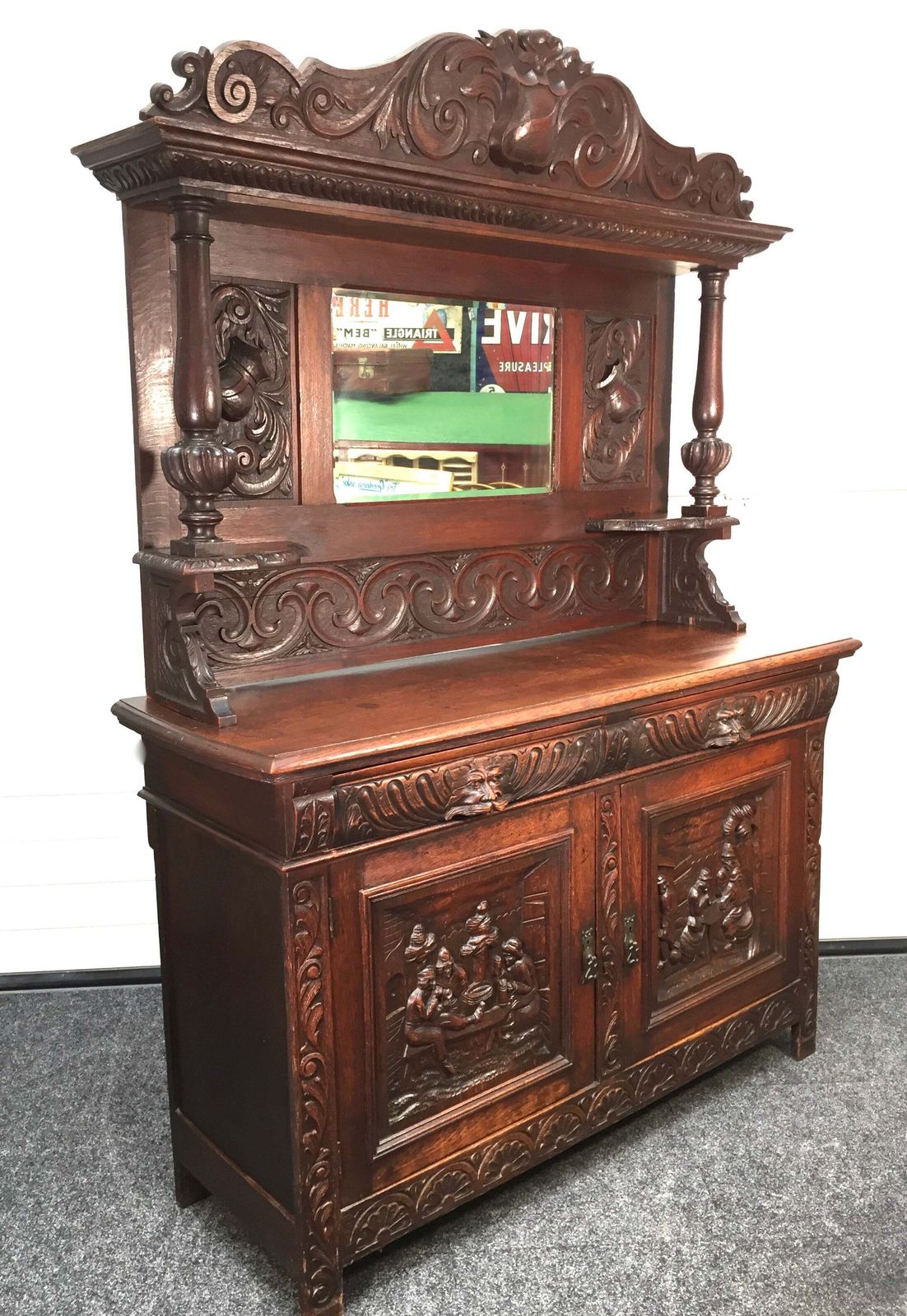 Antique 19th Century Carved Wooden Oak Green Man Dresser Sideboard With Mirror photo 949.0
