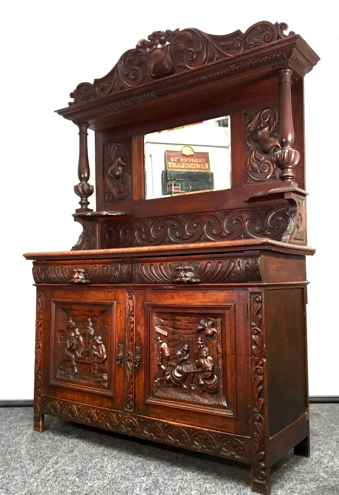Antique 19th Century Carved Wooden Oak Green Man Dresser Sideboard With Mirror photo vintage