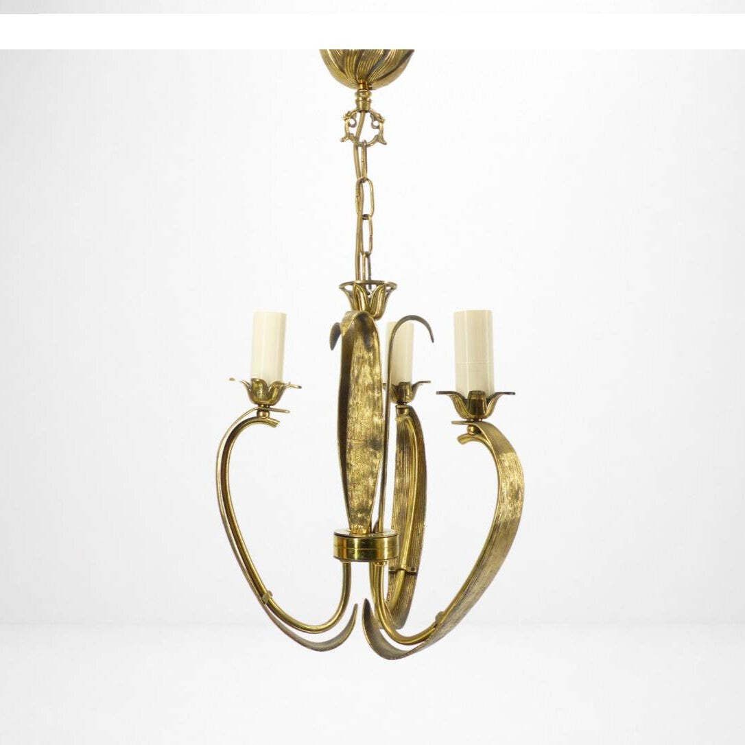 Three Arm Chandelier In Gilded Brass, With Foliage And Scroll Motifs, Art Deco Style, Circa 1950