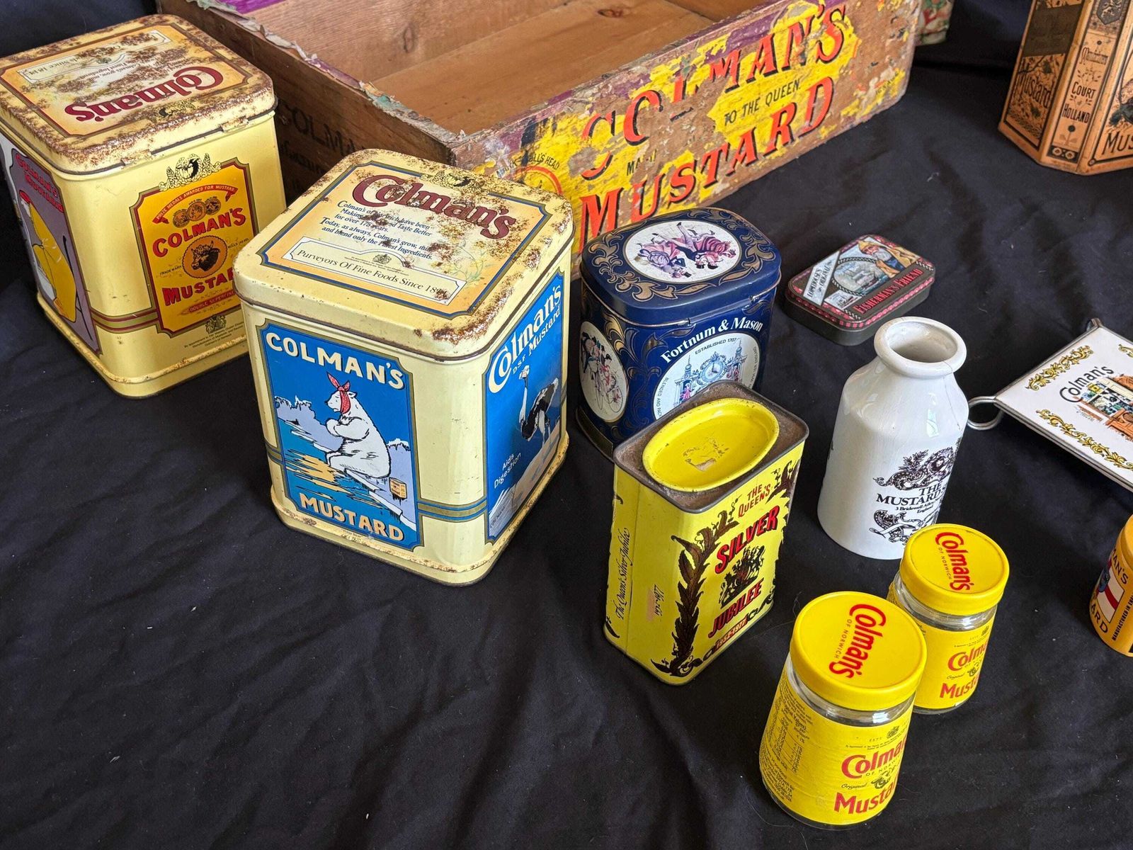 Antique Colman's Mustard Wooden Box Shop Display With Tins And Jars photo for sale