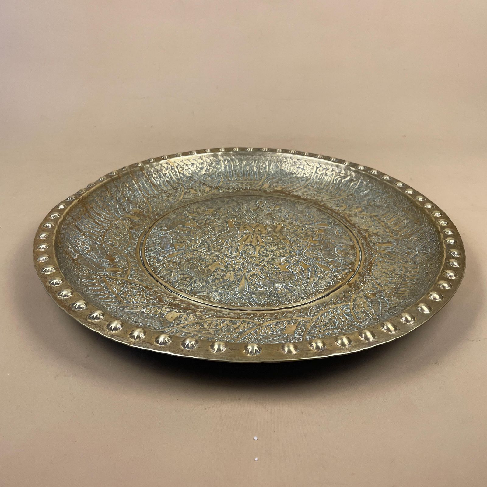 Indian Patterned Brass Tray Antique Metal Gold 40.5cm Plate Asian Handmade Etched Intricate Decorative Pattern Wall Art Round Vintage Circle photo Home Decor
