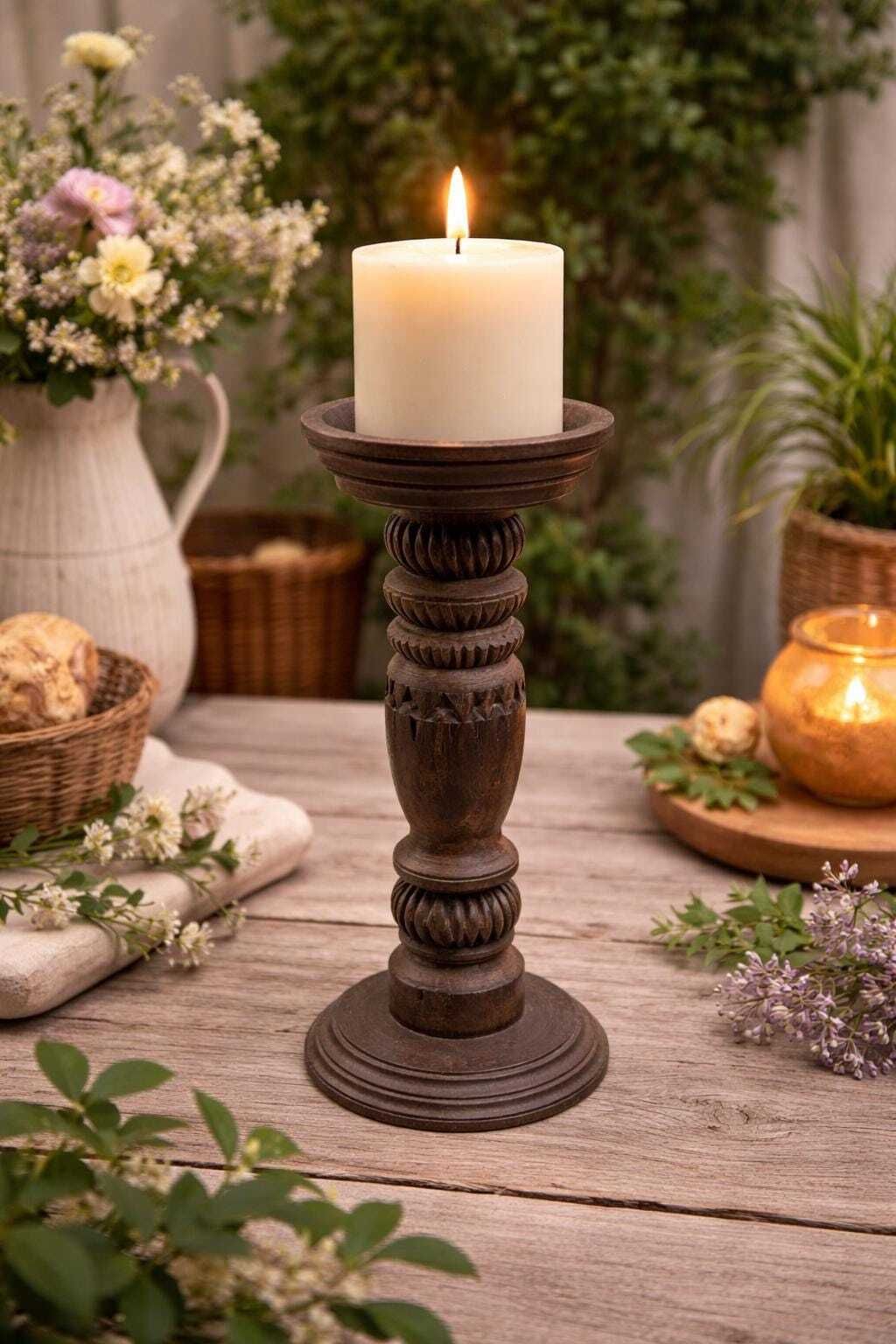 Reclaimed Wood Candle Holder | Hand Carved Antique Pillar Stand, Farmhouse Centerpiece