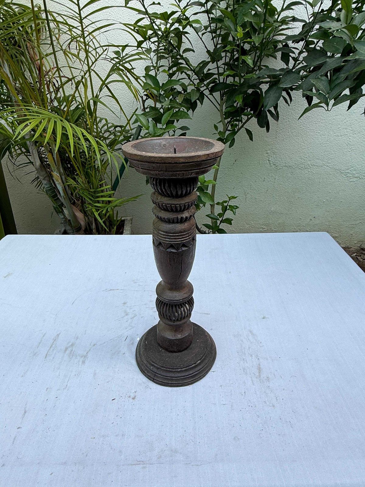 Reclaimed Wood Candle Holder | Hand Carved Antique Pillar Stand, Farmhouse Centerpiece photo furniture