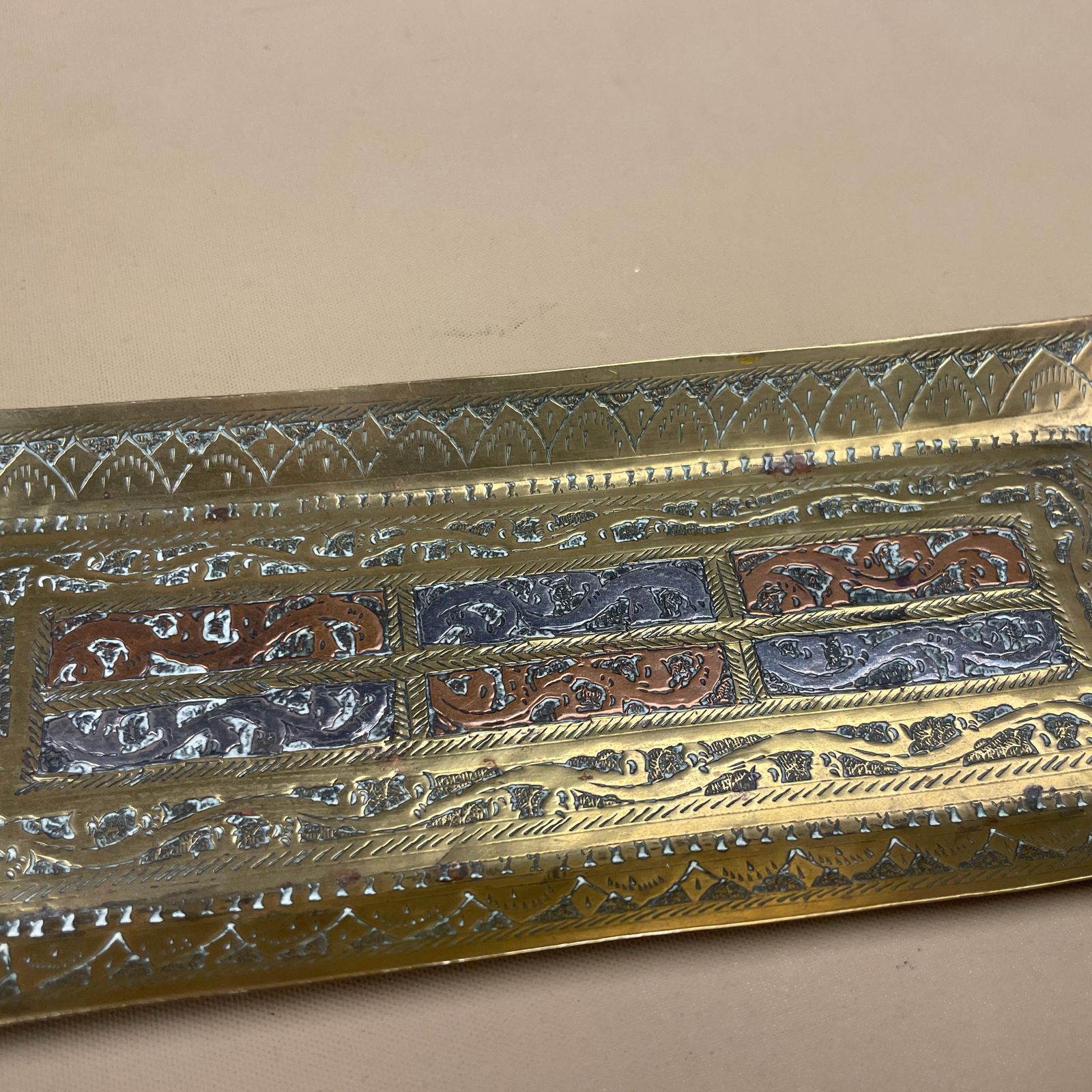 Antique Metal Gold Indian Patterned Brass Tray 17.5x7.1cm Asian Handmade Etched Intricate Decorative Patterned Small Rectangle Vintage photo for sale
