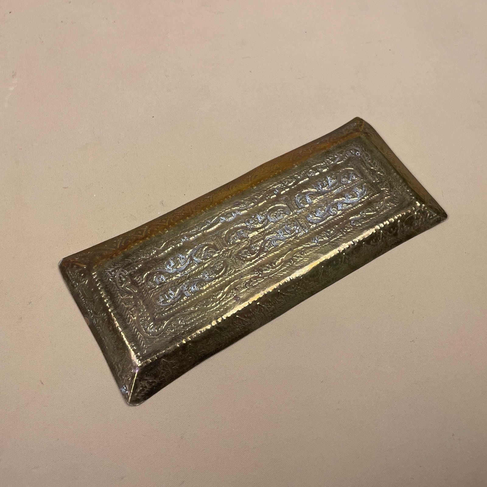 Antique Metal Gold Indian Patterned Brass Tray 17.5x7.1cm Asian Handmade Etched Intricate Decorative Patterned Small Rectangle Vintage photo buy