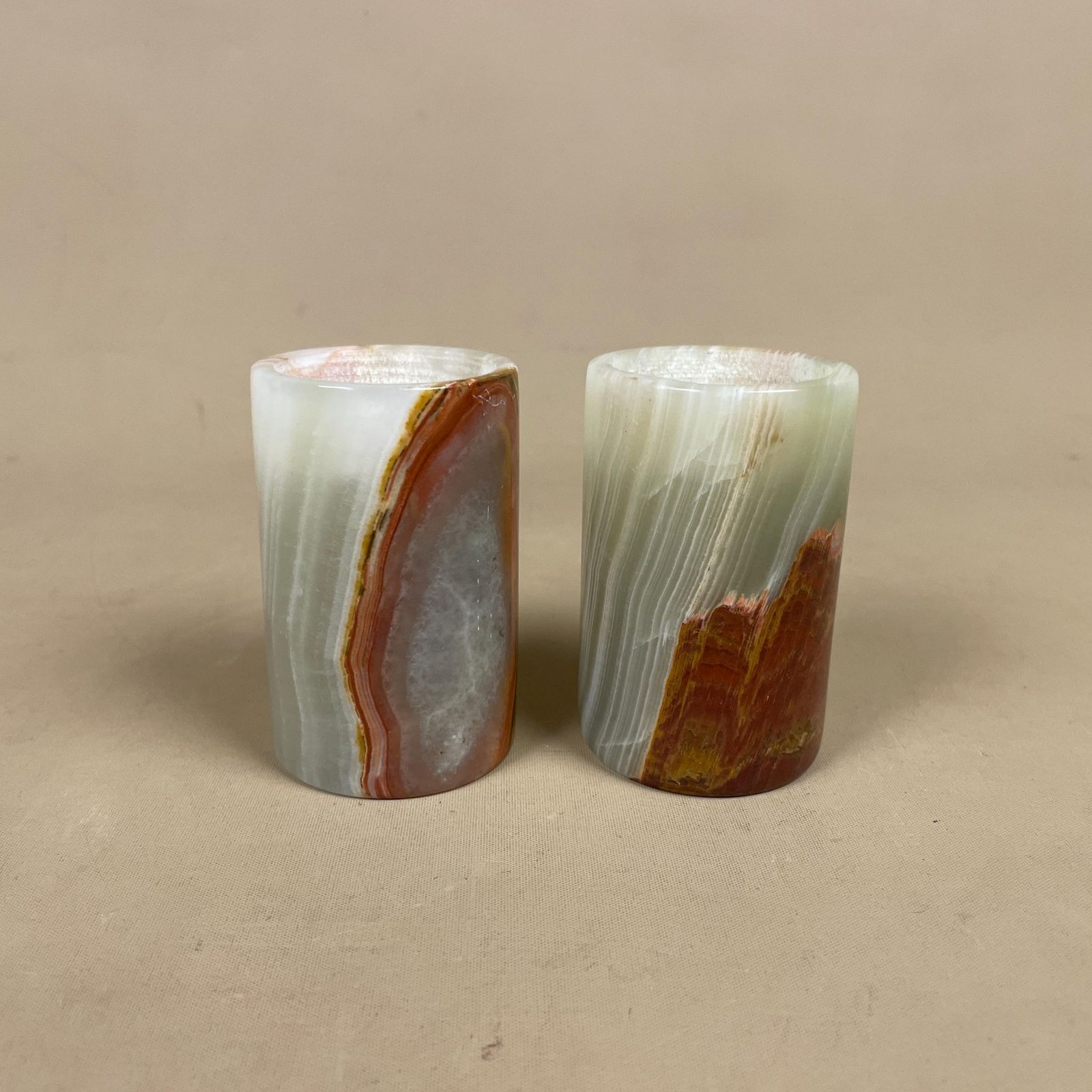 Pair Marble Pillar Candle Holders Natural Onyx Green Brown Cylinders Tea Light Holder Round Vintage Decor Table Mantle Display Natural Set