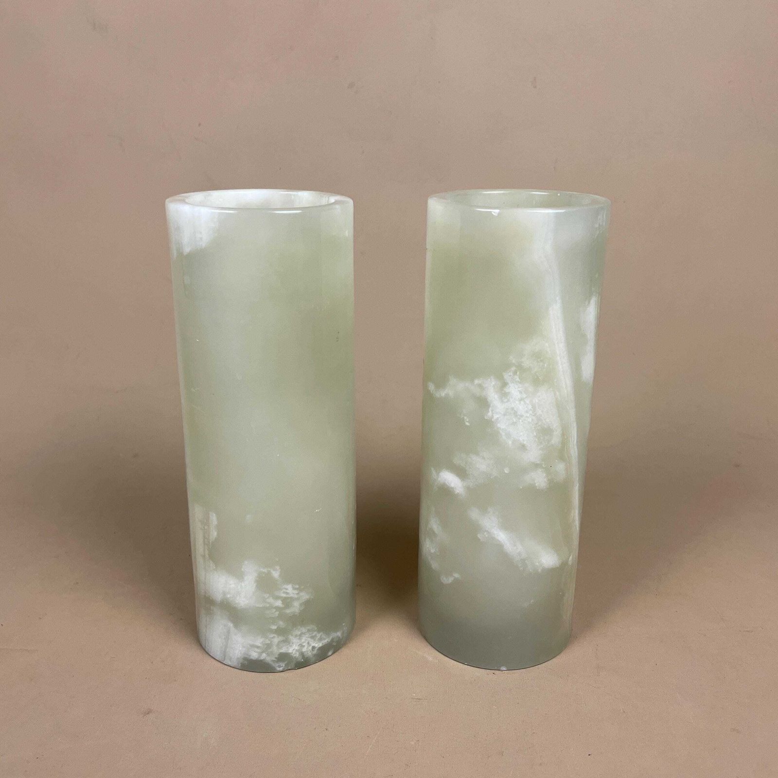 Pair Marble Pillar Candle Holders Natural Onyx Green White Cylinders Tea Light Holder Round Vintage Decor Table Mantle Display Natural Set photo for sale