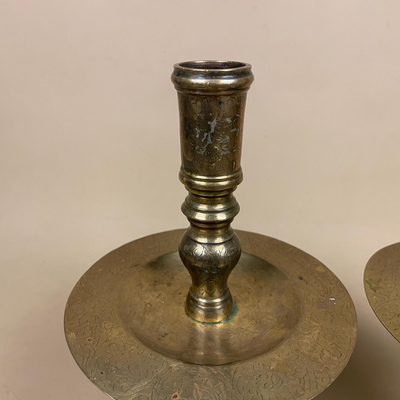Antique Matching Pair Of Gold Brass Metal Candlestick Candle Stick Holders Holder Vintage Round Taper Dinner Candlesticks Engraved Indian photo for sale