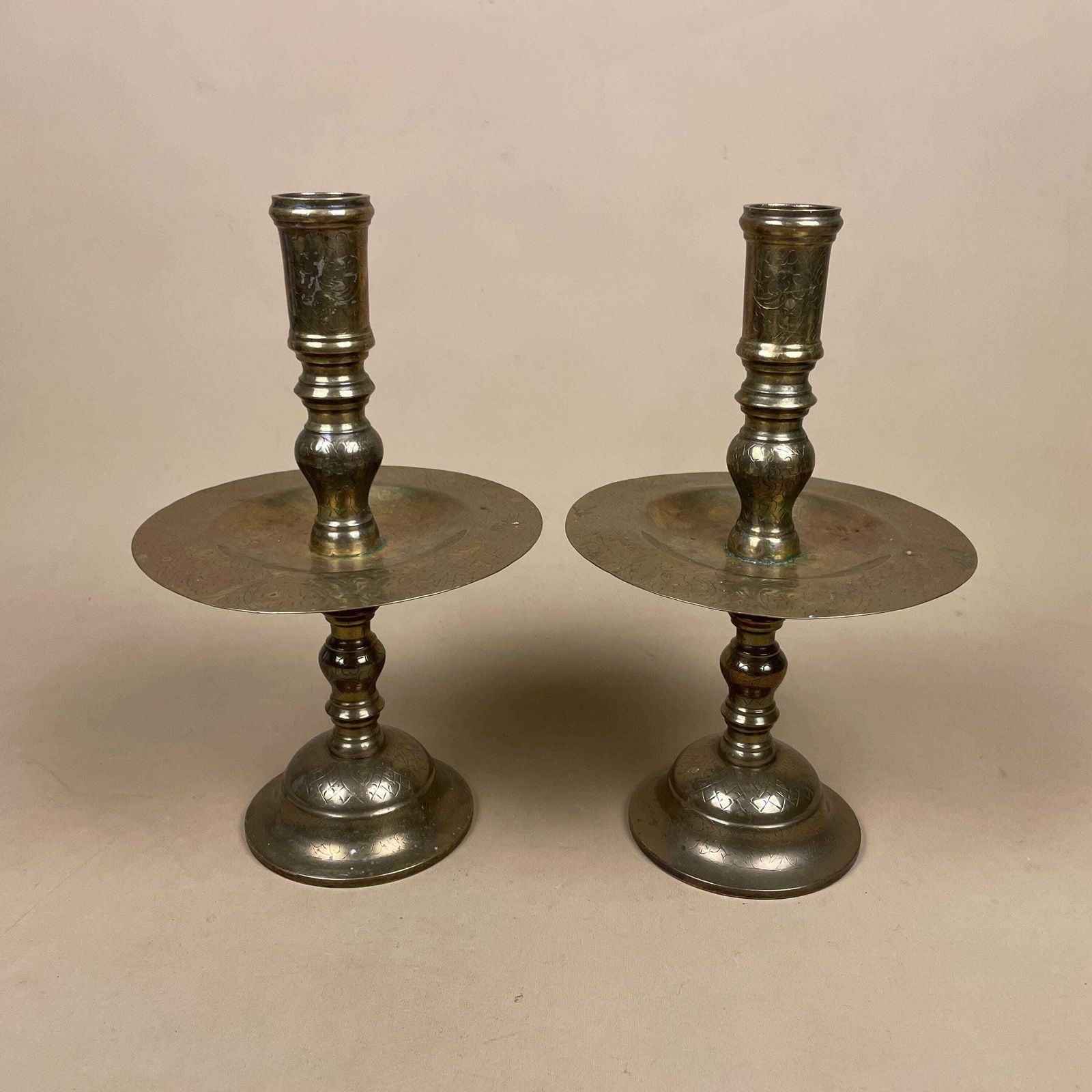 Antique Matching Pair Of Gold Brass Metal Candlestick Candle Stick Holders Holder Vintage Round Taper Dinner Candlesticks Engraved Indian photo 95.0
