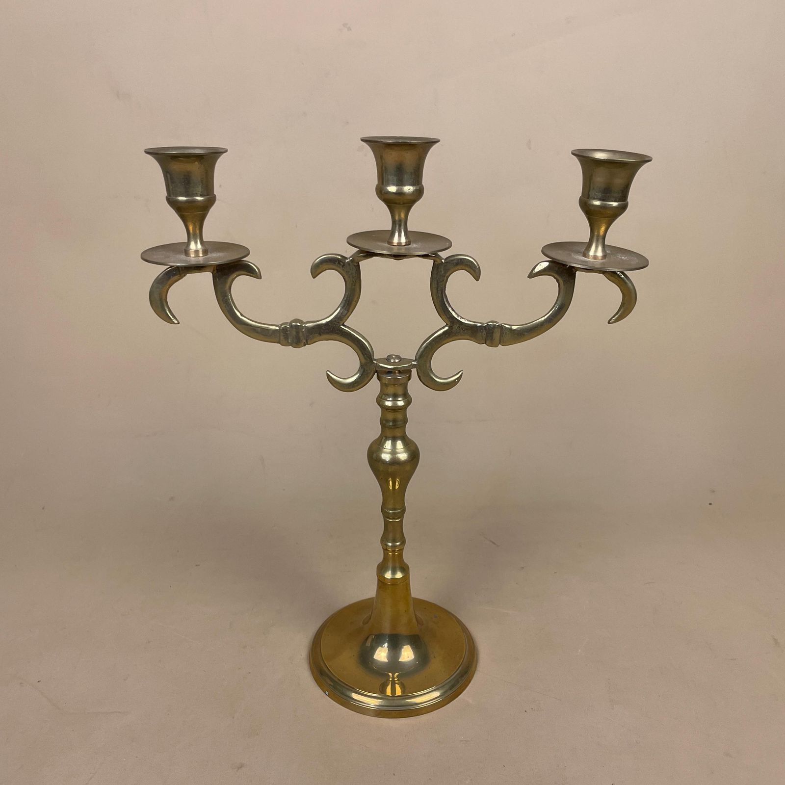Candelabra Gold Solid Brass Metal Candlestick Holder Candle Stick Vintage Taper Dinner Candlesticks Ornate Pattern 3 Arms Table Top Antique photo for sale
