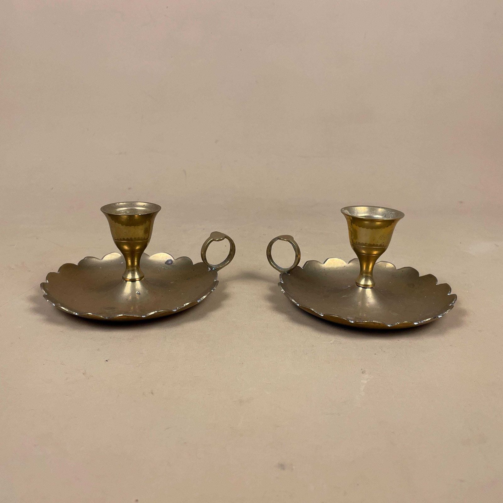 Pair Of Antique Gold Brass Metal Candlestick Chamber Candle Stick Holder Handle Round Base Vintage Round Handle Taper Scalloped Candles