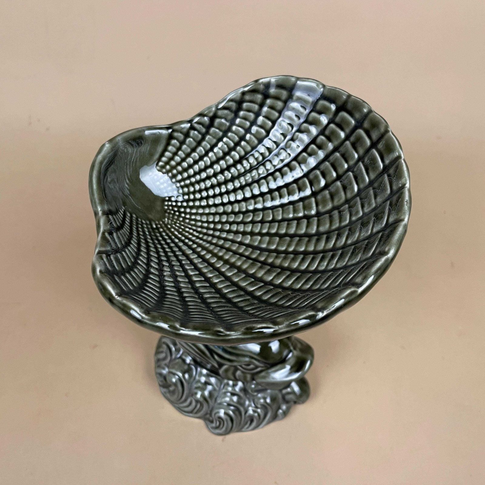 Vintage Ceramic Pedestal Bowl Soap Dish Koi Fish Shell Dish Green Trinket Bowl Bathroom Decor photo for sale