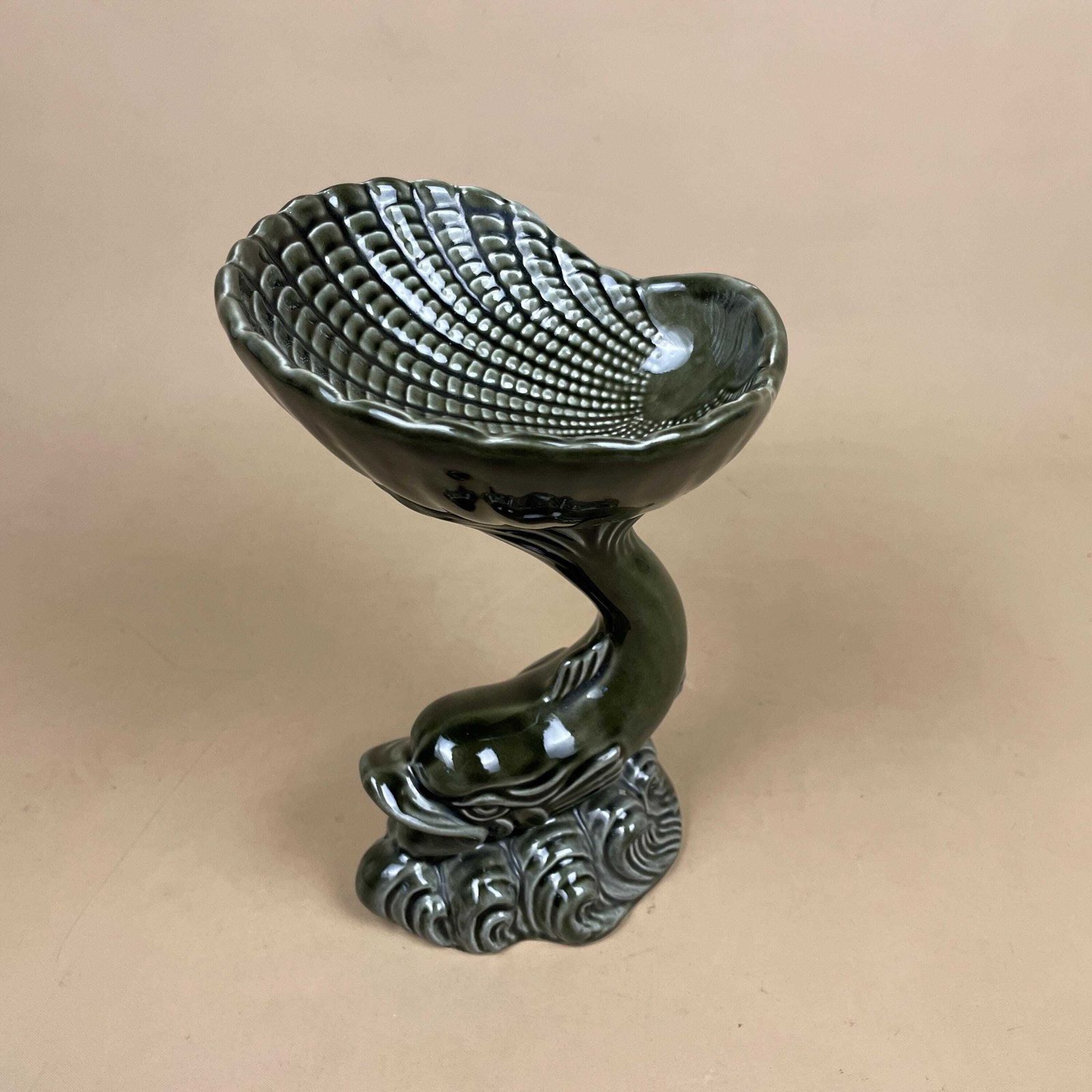 Vintage Ceramic Pedestal Bowl Soap Dish Koi Fish Shell Dish Green Trinket Bowl Bathroom Decor photo 55.0