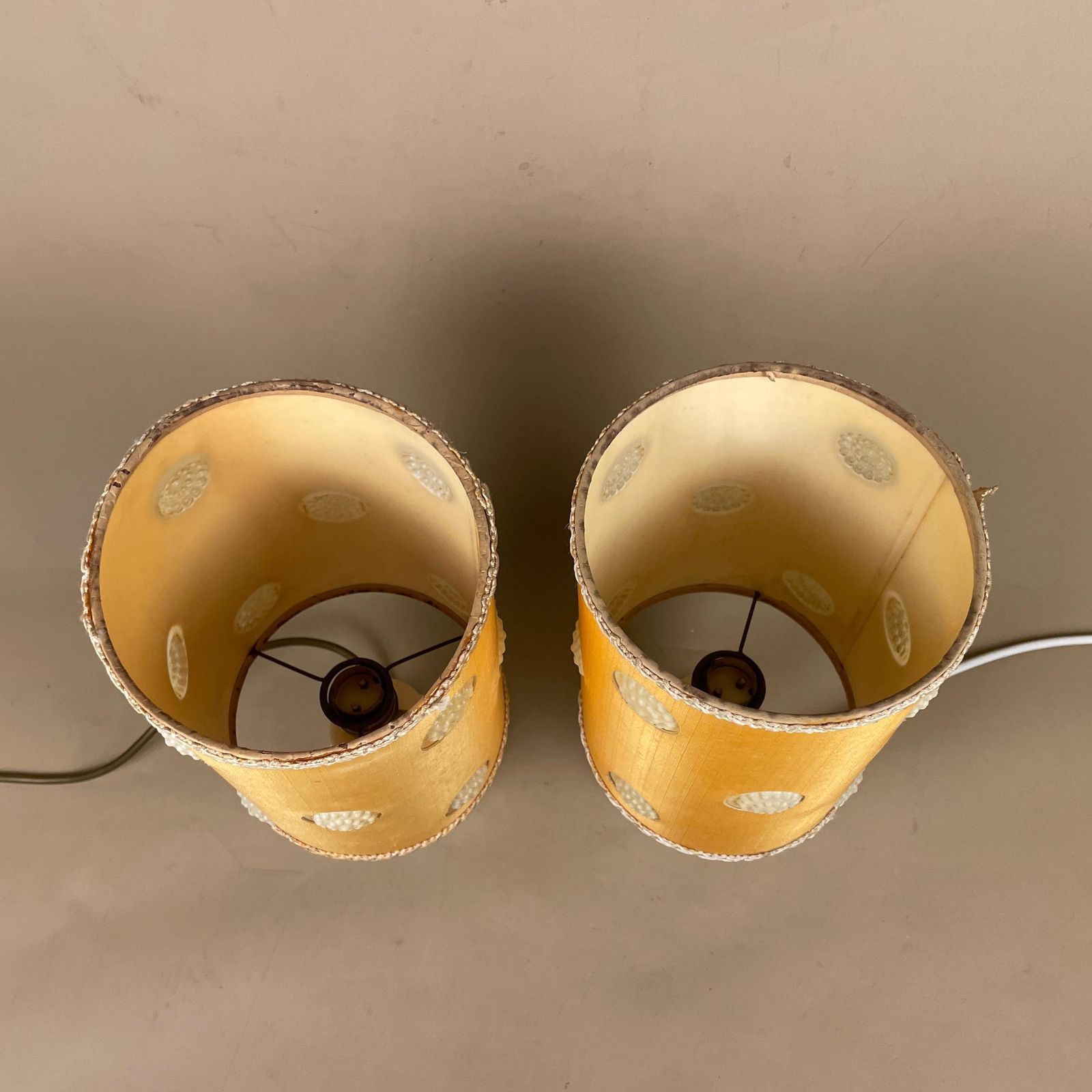 Onyx Marble Table Lamps Pair Yellow Shades Retro Bedside Lighting Alabaster Base Mid Century Decor Small Matching Lamp Set photo for sale