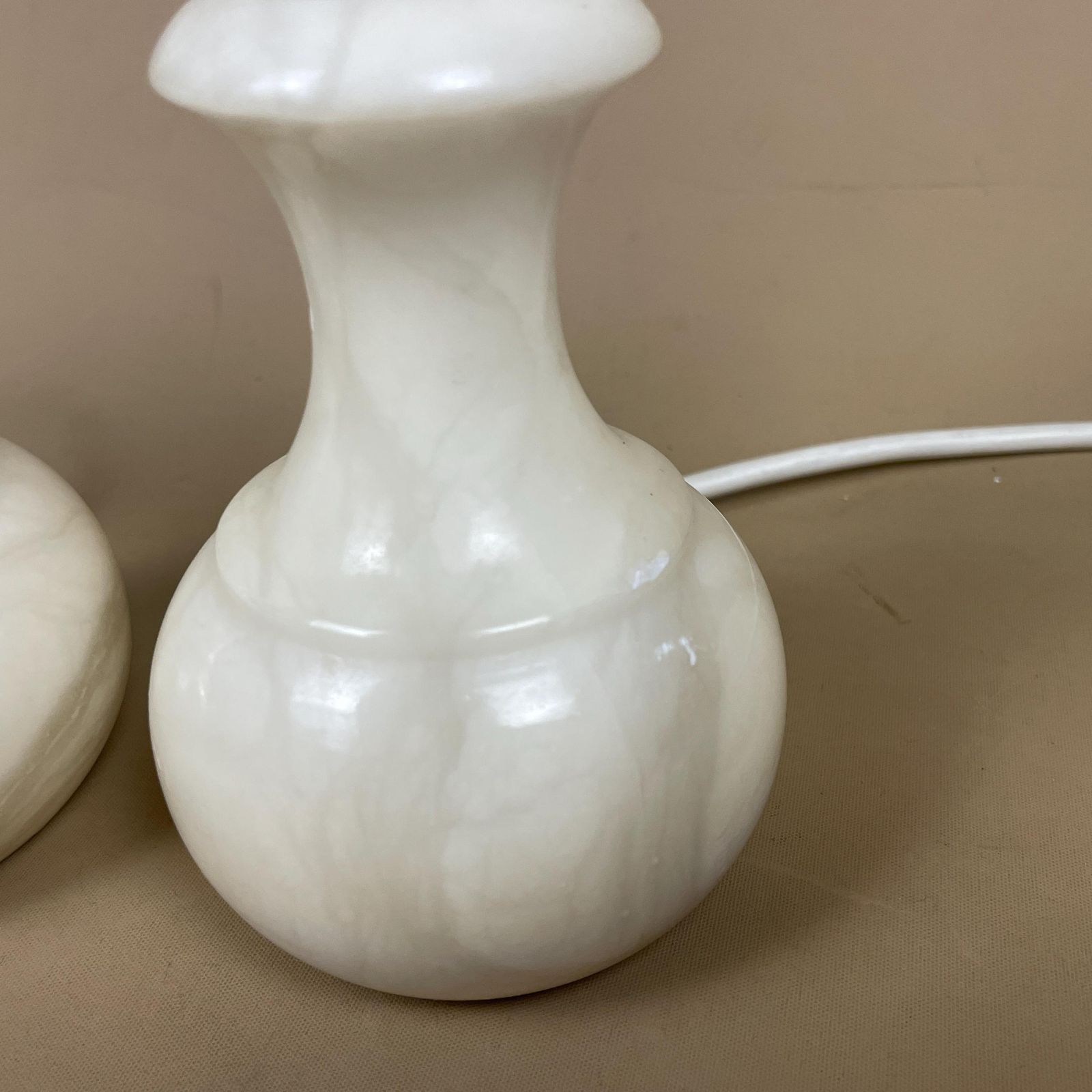 Onyx Marble Table Lamps Pair Yellow Shades Retro Bedside Lighting Alabaster Base Mid Century Decor Small Matching Lamp Set photo vintage